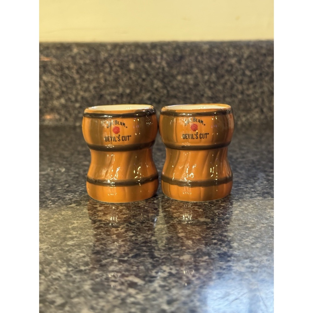 Jim Beam Devil's Cut Twisted Whiskey Barrel Ceramic Shot Glasses Pair